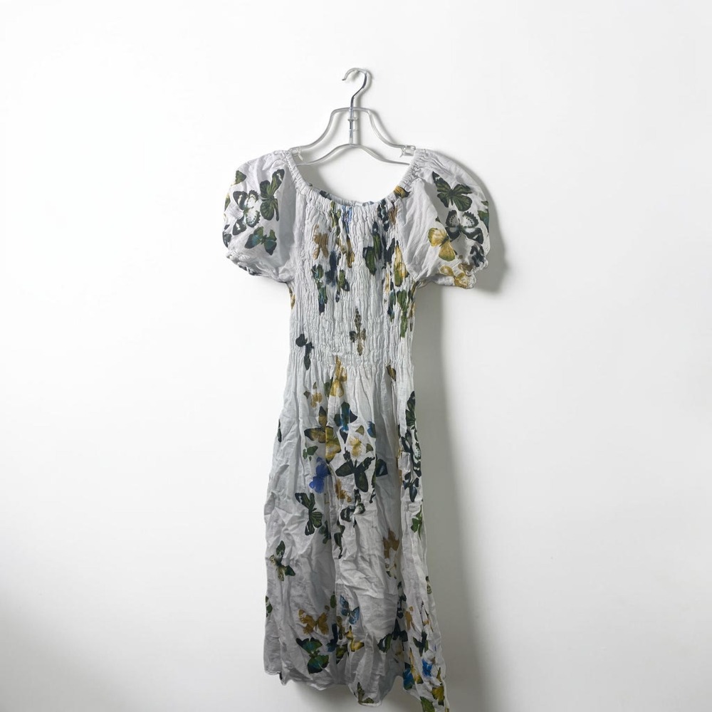 Butterfly Print Smocked Midi Dress White Puff Sleeve Cottagecore XL